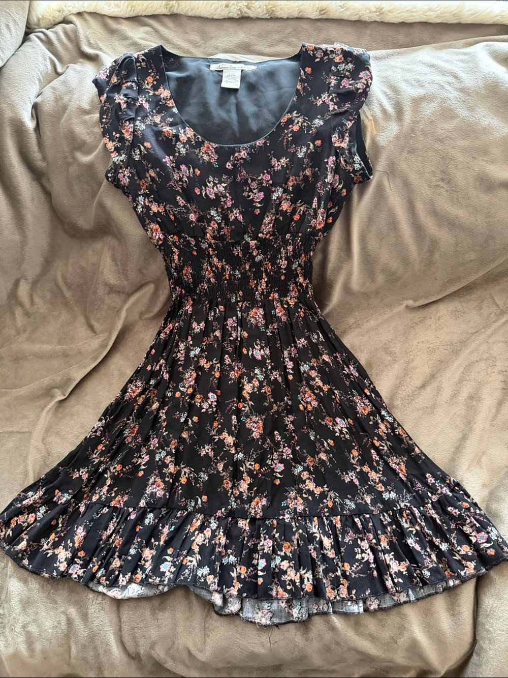 American Rag Black Mini Dress with Pink & Peach Floral Print